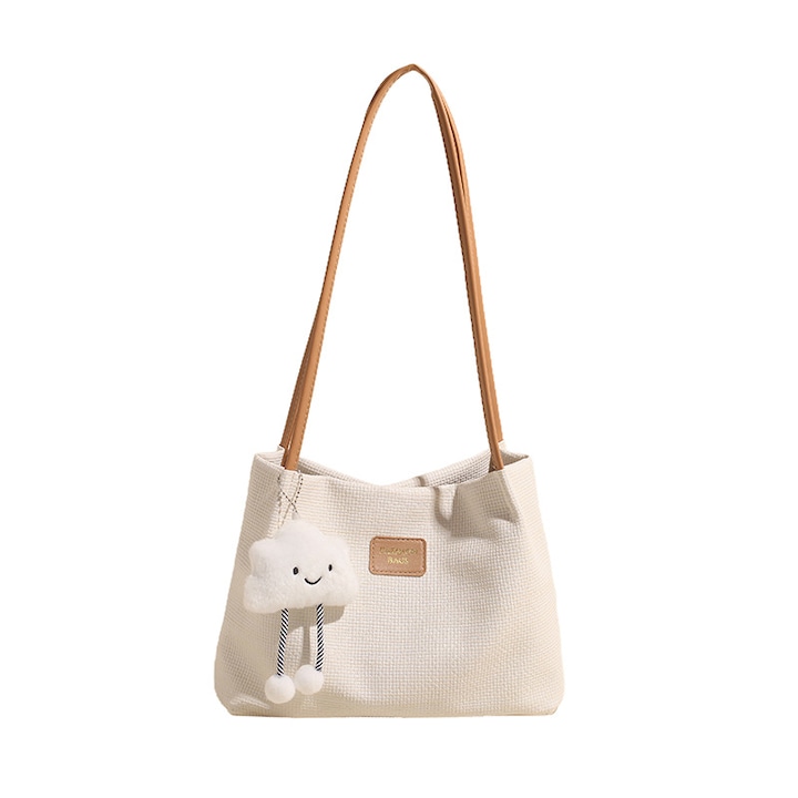 Vászon vödörtáska, nagy kapacitású, minimalista városi stílus, törtfehér, 28x20x13cm