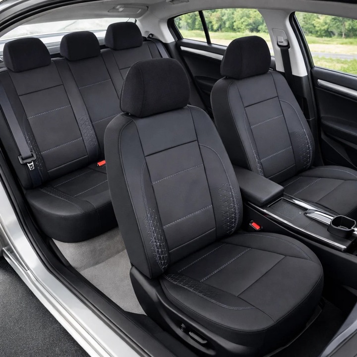 Huse scaune auto Smartic®, Atlas, piele ecologica si insertii de piele naturala, 11 piese, compatibile cu airbag, rabatabile, 3 straturi de material, negru/gri