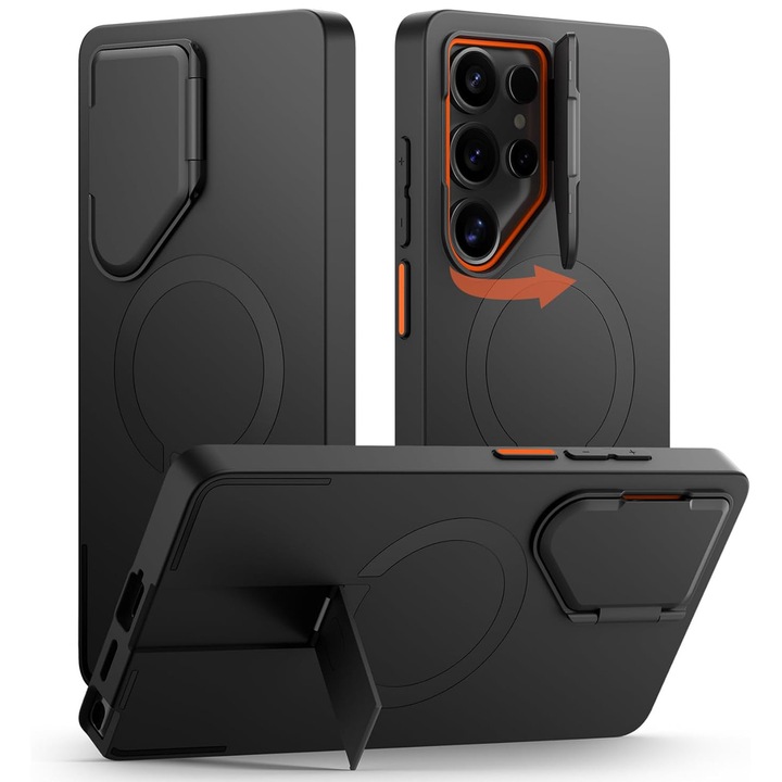 Магнитен калъф SURITCH за Samsung Galaxy S25 Ultra, с капак за камерата и регулируема метална стойка, черен