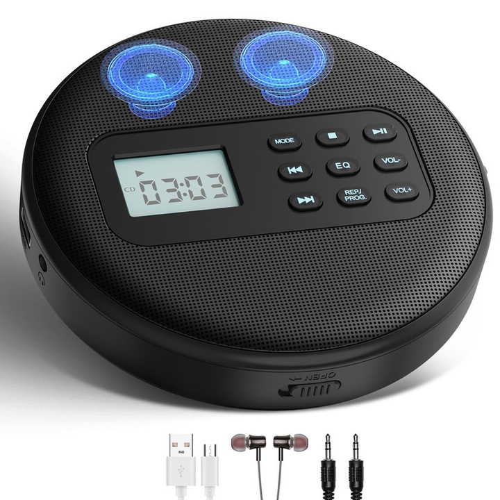 Преносим CD плейър Walkman с вградени високоговорители: Презареждаем Discman с подсветка на LCD - Противоударна защита с AUX изход - Възпроизвеждане на CD/MP3/USB със слушалки - Аудиокнига/Музика/Учене/Кола/Пътуване