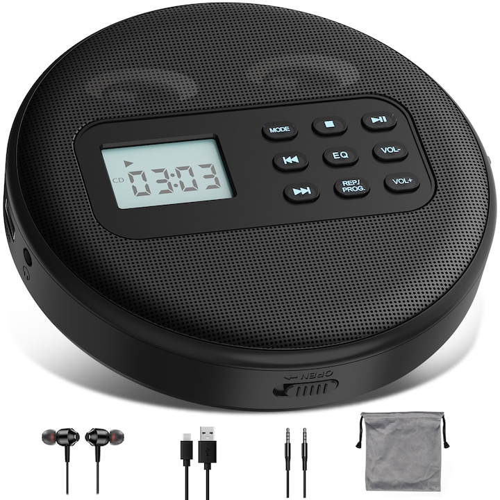 CD player portabil Walkman cu difuzoare incorporate: Discman reincarcabil cu LCD iluminat din spate - Anti-soc cu iesire AUX - Redare CD/MP3/USB cu casti - Audiobook/Muzica/Invatare/Masina/Calatorie
