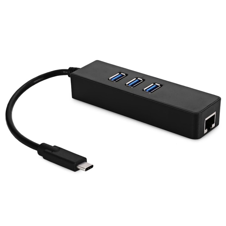 Hub USB-C (USB3.1) tata la 3 porturi USB3.0 mama + Gigabit LAN RJ45 Ethernet, 20cm, negru