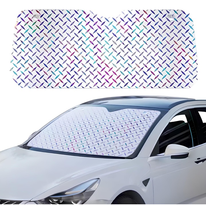 Сенник за кола за предно стъкло, отразяващ с холографски модел, 140x70 см, устойчив на UV лъчи, сребрист