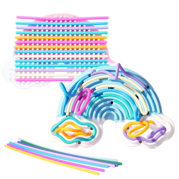 2 pachete de jucarii Fidget, tabla de activitati senzoriale, jucarii senzoriale din silicon pentru stres, anxietate, autism, ADHD, calmare, copii 3+ si adulti, jucarie curcubeu cu geanta de calatorie si 24 de snururi (albastru * 1 roz * 1)