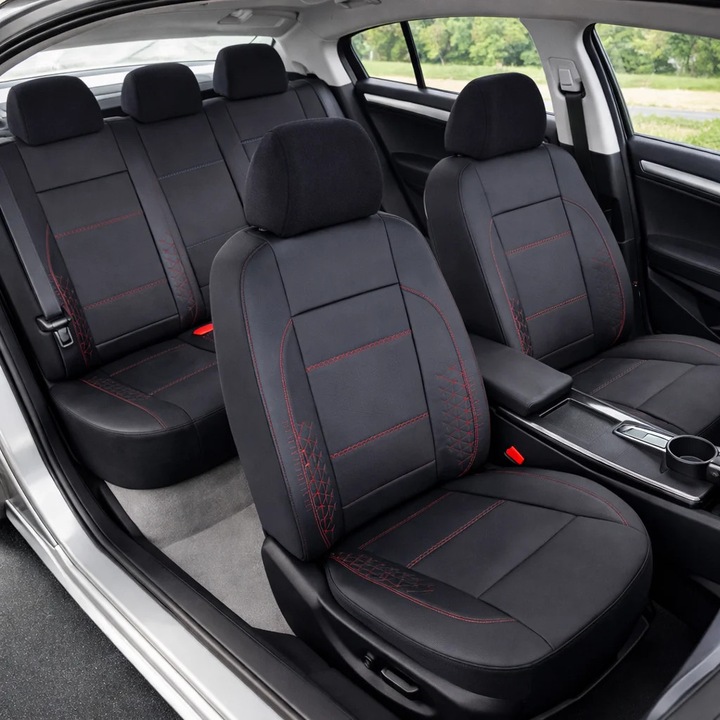 Huse scaune auto Smartic®, Atlas, piele ecologica si insertii de piele naturala, 11 piese, compatibile cu airbag, rabatabile, 3 straturi de material, negru/rosu