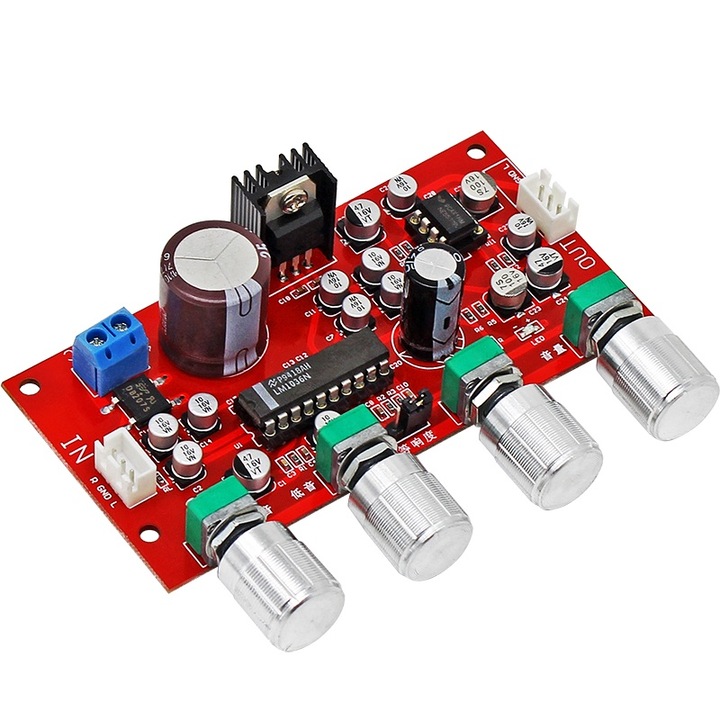 Sztereó hangszínkorrektor előerősítő NE5532 és LM1036 elemekből, DC 12-24V vagy AC 9-16V