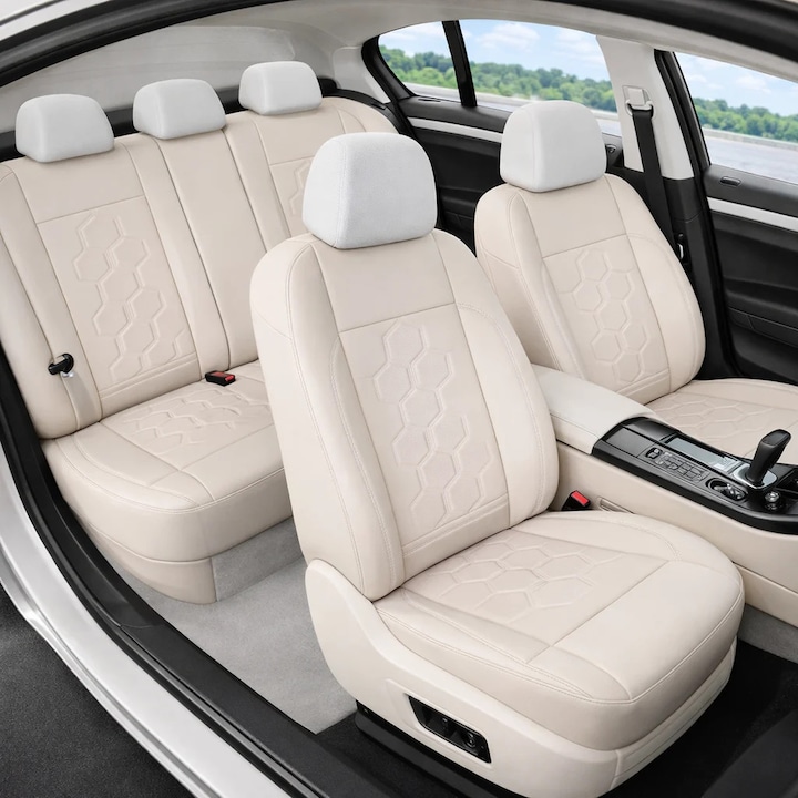 Huse scaune auto Smartic®, Piele Ecologica si Insertii Piele Perforata S07, 11 piese, compatibile cu airbag, rabatabile, 3 straturi de material, bej