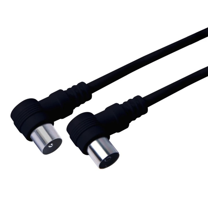 TV csatlakozó koaxiális kábel, 1,5 méter, 90°-os apa-anya csatlakozókkal, antennákhoz, vevőkhöz, okosTV-hez, elosztókhoz, fekete színben