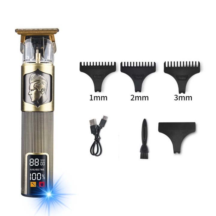 Aparat Profesional De Ras cu Display, Tuns si Conturat din Inox, Electric, Lama Ceramica din Titan in Forma de T, Reincarcabil, USB, Cap Rezistent la Apa, Retro Boy, Auriu, FilSAB