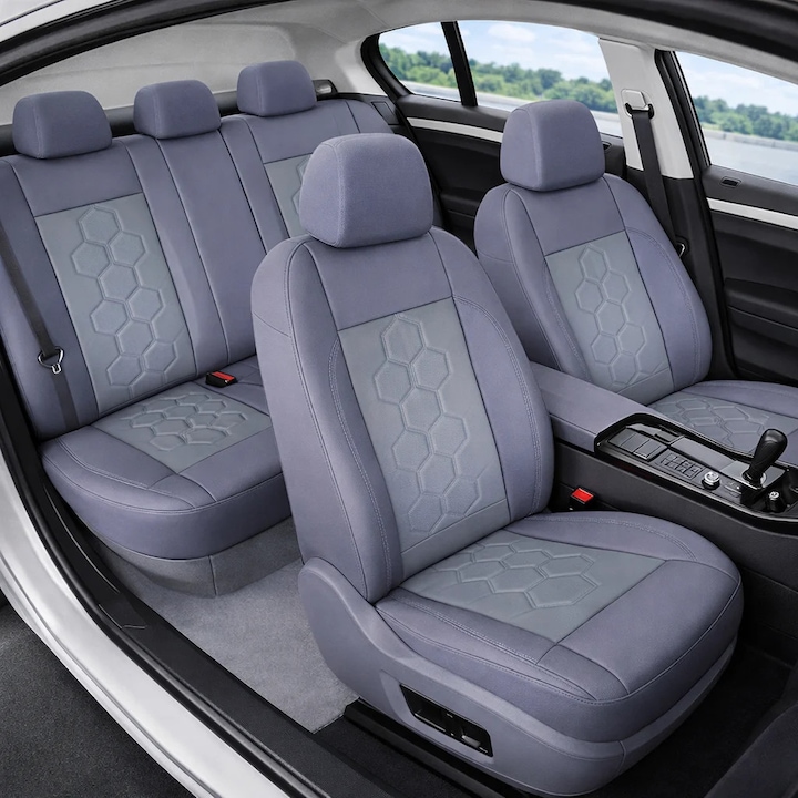 Huse scaune auto Smartic®, Piele Ecologica si Insertii Piele Perforata S08, 11 piese, compatibile cu airbag, rabatabile, 3 straturi de material, gri
