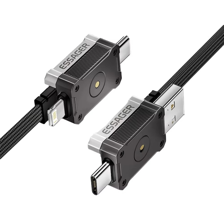 Кабел USB-C 4 в 1 ESSAGER 65W, бързо зареждане тип броня, плосък плетен кабел с 4 порта (Lightning/USB-C/A), MFI сертифициран, бързо зареждане и синхронизация на данни, съвместим с iPhone 16, 15, 14, Xiaomi