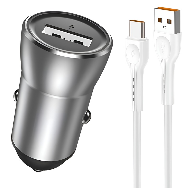 DaDen QC3.0 20W-os autós töltő, USB-C kábellel, USB-A, gyorstöltés, BC1.2 kompatibilis, Apple 2.4A, QC2.0/3.0, szürke