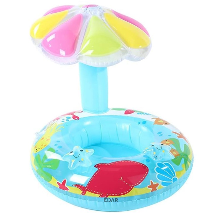 Плувен пояс EDAR с покрив тип чадър за деца/бебета, надуваем, осигурява стабилност, защитна опора, винил, диаметър 70 см x височина 80 см, син/многоцветен