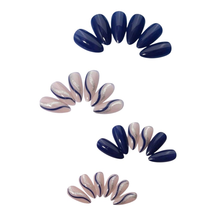 Műköröm, sötétkék és ezüst, reszelővel és ragasztóval, 24 darabos készlet
