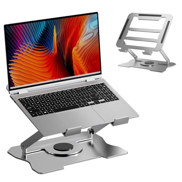 Suport Reglabil din Aluminiu pentru Laptopuri si Tablete pana la 15" – Antiderapant, Baza Stabila, Culoare Argintie, Calitate Superioara