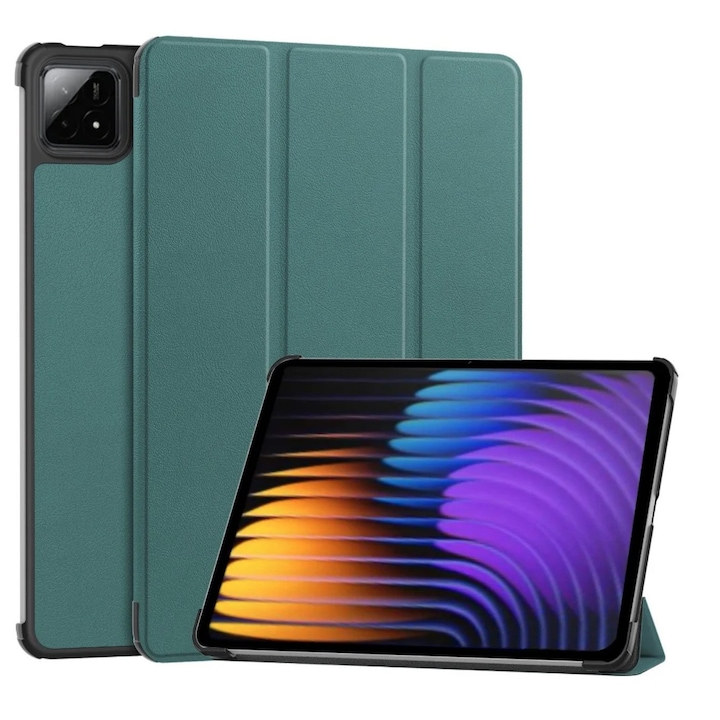 Case, Xiaomi, Pad 7 / 7 Pro, 11.2 inches, husa de protectie, suport incorporat, inchidere magnetica, functie de trezire/somn, culoare verde, setul include: husa, material: piele ecologica, TPU, caracteristici: design subtire, colturi intarite, montare sta