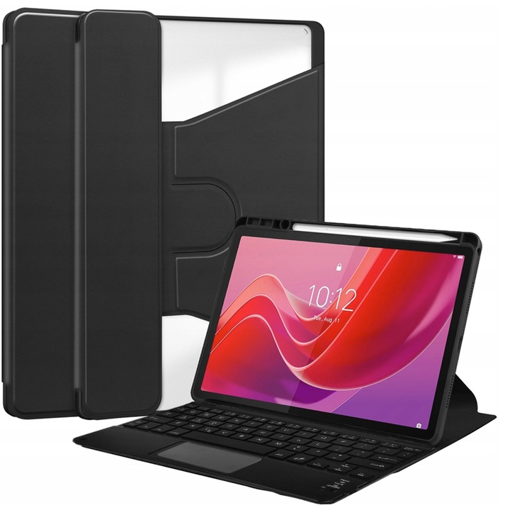 Husa rotativa 3 in 1 cu tastatura wireless si touchpad, Lenovo, Tab M11/K11/K11E, 10.95" 11", functie de suport, design elegant, acces la toate porturile, material: piele ecologica, culoare: negru, setul include: husa si tastatura, caracteristic