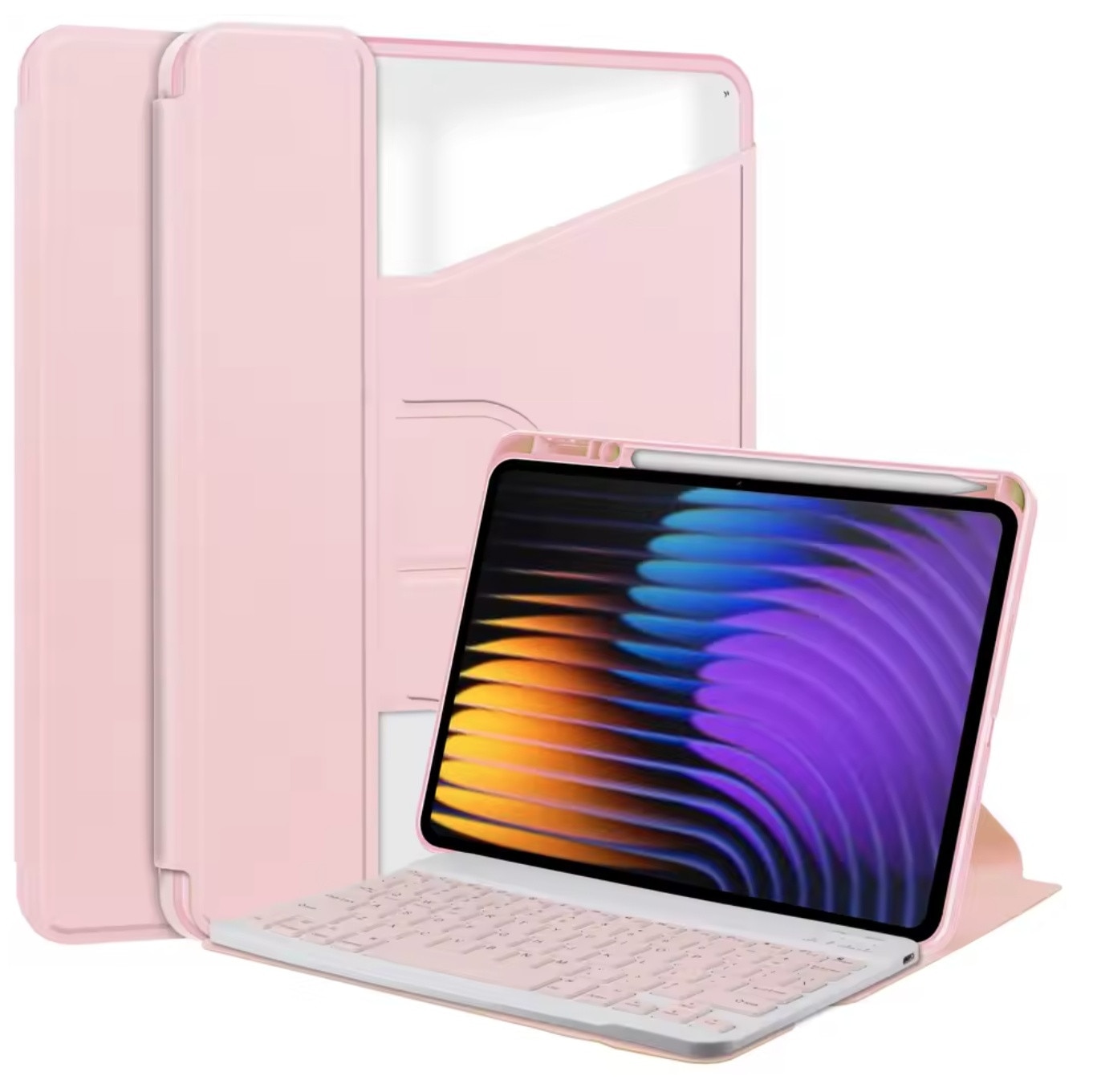 Husa 360° cu Tastatura Wireless pentru Xiaomi Pad 7 / 7 Pro 11.2" (2025) – Roz, Functie de Suport, Acces Complet la Porturi, Piele Ecologica + ABS, Tastatura cu Autonomie 60h, Greutate 0.5 kg, Set: Husa + Tastatura
