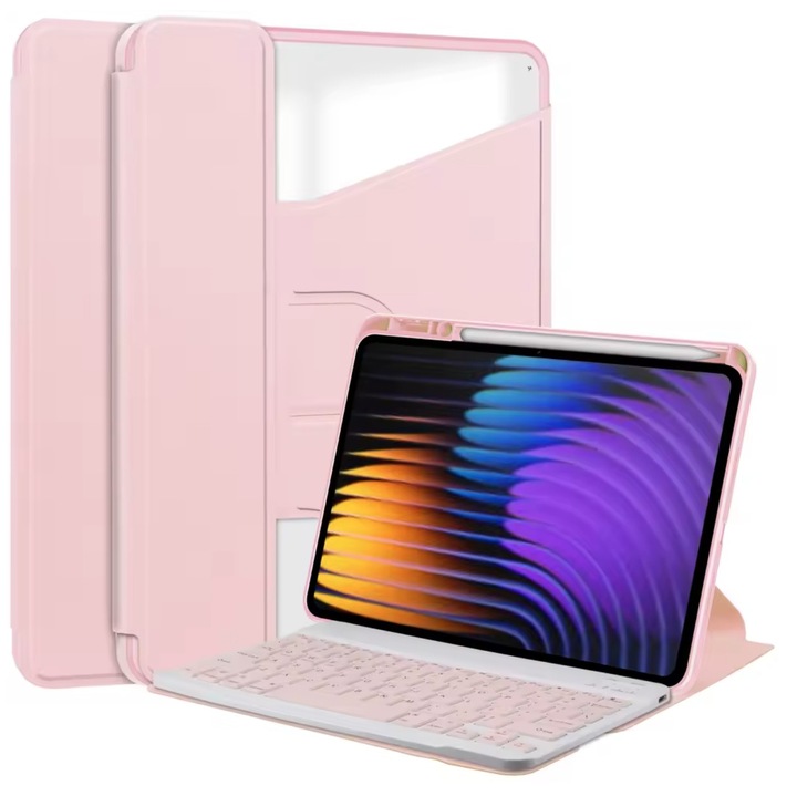 Husa 360° cu Tastatura Wireless pentru Xiaomi Pad 7 / 7 Pro 11.2" (2025) – Roz, Functie de Suport, Acces Complet la Porturi, Piele Ecologica + ABS, Tastatura cu Autonomie 60h, Greutate 0.5 kg, Set: Husa + Tastatura