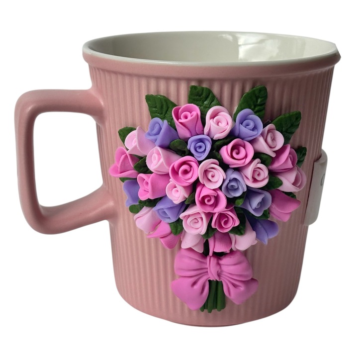 Cana roz cu striatii, buchet de trandafiri roz si mesaj „Cea mai buna nasa” – realizata manual - Zeny Dolls Gifts