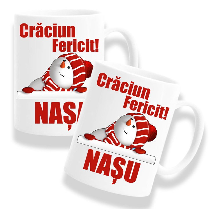 Set 2 cani personalizate Nasi parinti cu mesaj:"Craciun fericit nasa/nasu", Model 1, Betaprint, 330ml, ceramica, alb