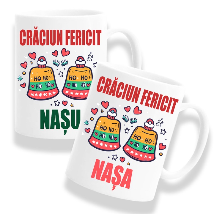 Set 2 cani personalizate Nasi parinti cu mesaj:"Craciun fericit nasa/nasu", Model 2, Betaprint, 330ml, ceramica, alb