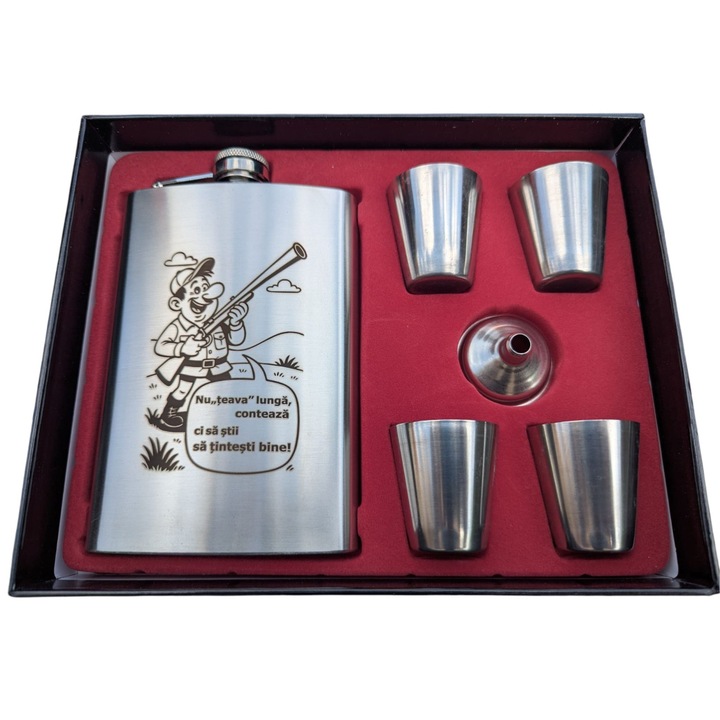 Set plosca + 4 pahare, inox, o idee amuzanta pentru orice evenimente, nu teava lunga conteaza