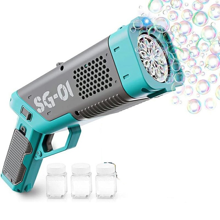 Пистолет за сапунени мехурчета, Zola, LED осветление, 3 контейнера за разтвор x 30 мл, захранван с батерии, 28 x 7,5 x 12 см, сиво/син