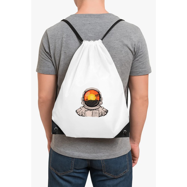 Rucsac tip ghiozdan din poliester, culoare alb, UNISEX cu model