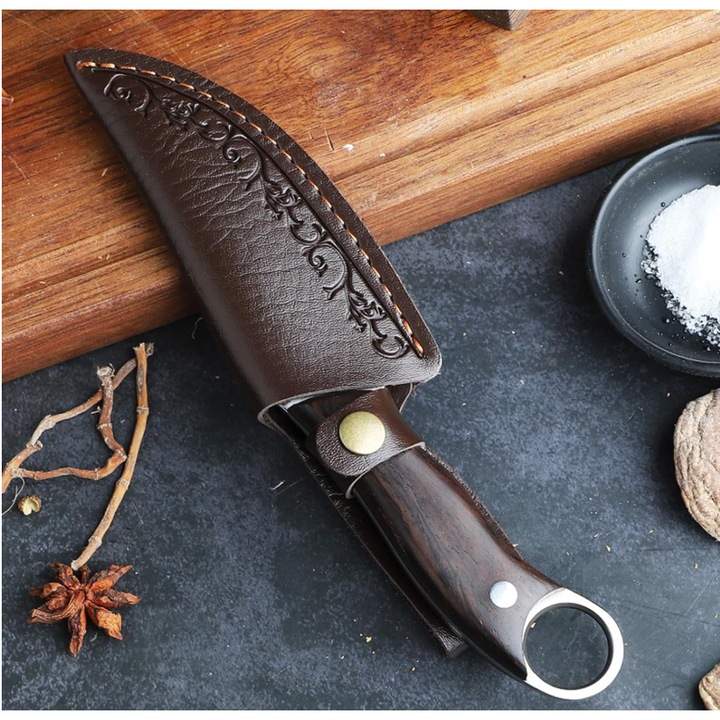 Cutit Outdoor, 21 cm, Din otel cu continut ridicat de carbon, Teaca de protectie, Maner Antiaderent Ergonomic din lemn, Lama Ascutita si Durabila, B-SQUL EXPEDITION®