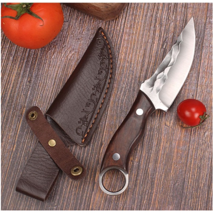 Cutit Outdoor, 21 cm, Din otel cu continut ridicat de carbon, Teaca de protectie, Maner Antiaderent Ergonomic din lemn, Lama Ascutita si Durabila, B-SQUL EXPEDITION®