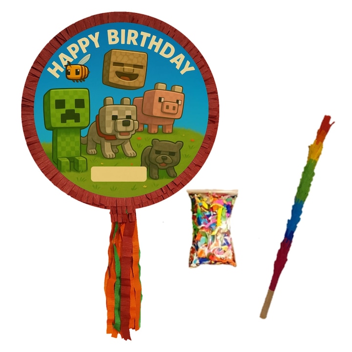 Pinata Minecraft New World cu bat si confetti.Orificiu mare pentru umplere, rezistenta, bat din lemn, confetti