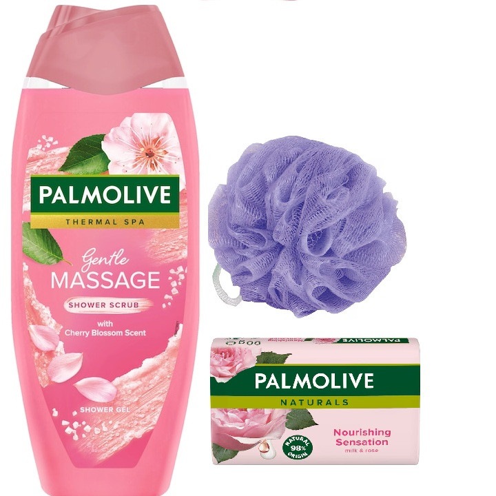 Set 3 x Gel de dus Palmolive Thermal SPA Mineral Gentle Massage(pink) 500 ml, Sapun solid Palmolive Naturals Milk & Rose, 90 g, Burete de baie