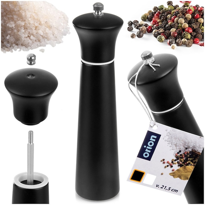 Rasnita De Sare Si Piper, Orion, Pentru Piper Si Sare, 21.5x5.2 cm, Fabricat Din Lemn De Cauciuc, Grosimea Macinarii Reglabila, Negru, Mecanism De Macinare Ceramic, Nu Necesita Baterii