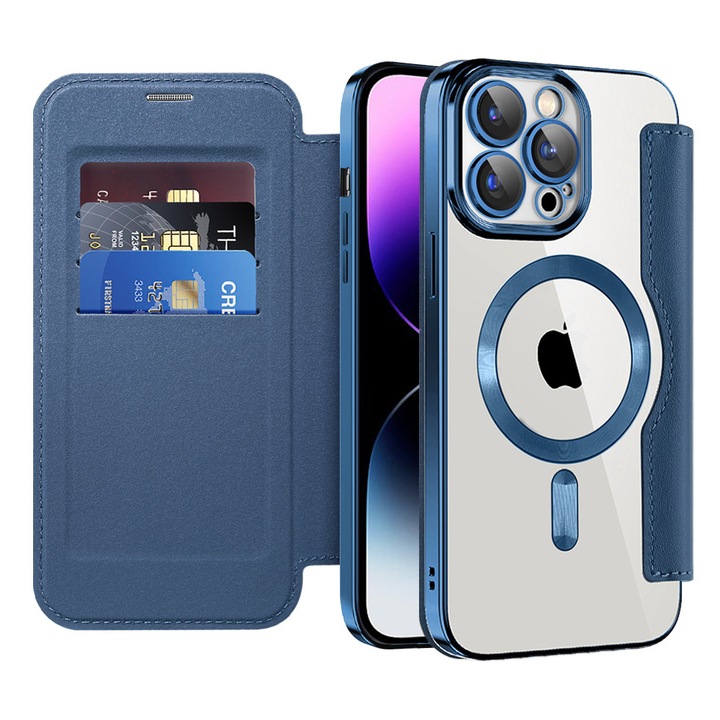 Husa Flip MagSafe DAMUR pentru Apple iPhone 14 Pro Max, Albastru, Buzunar Card RFID, Dimensiuni 10x15x2cm
