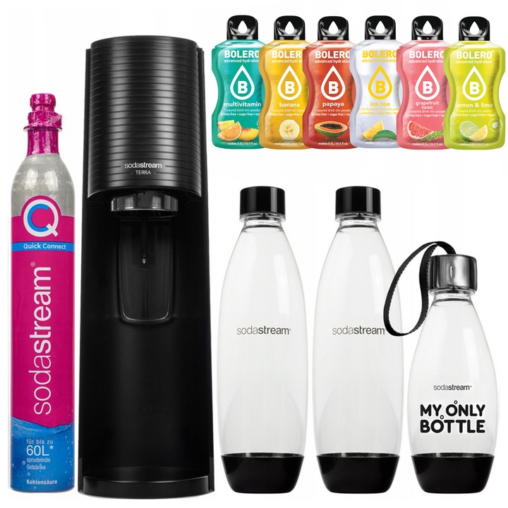 Sodastream Terra fekete szénsavas víz telítő 3 palack + bolero