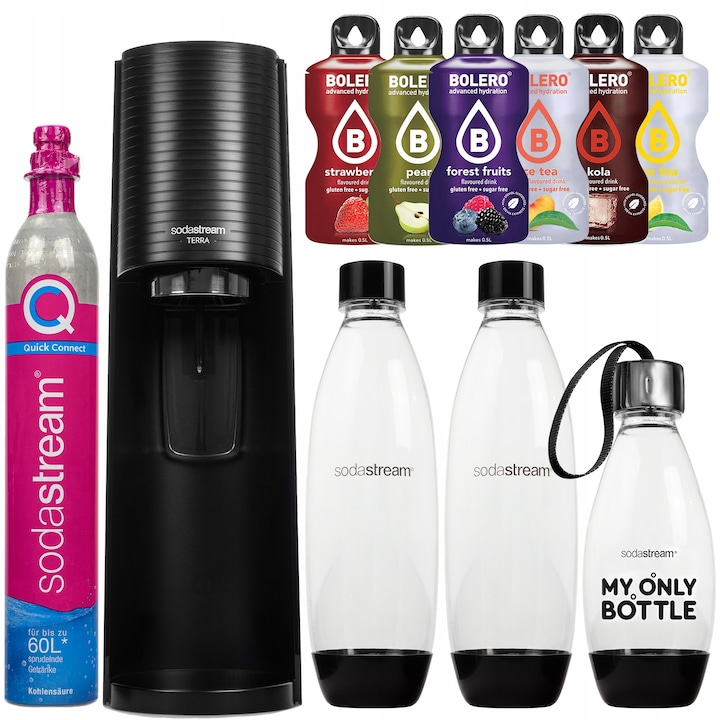Карбонатор за вода Sodastream Terra Black, 3 бутилки, сашета Bolero 6 вкуса