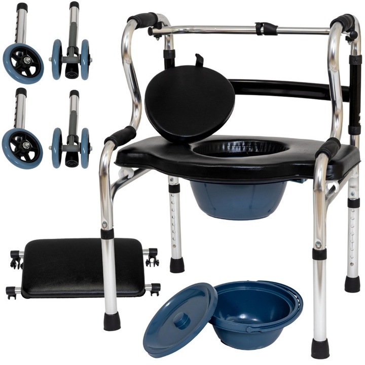 Cadru de mers 3 in 1 din aluminiu, fix sau mobil- cu scaun pentru dus si toaleta cu vas detasabil, pliabil si ajustabil pe inaltime, Greutate maxima suportata 110 kg