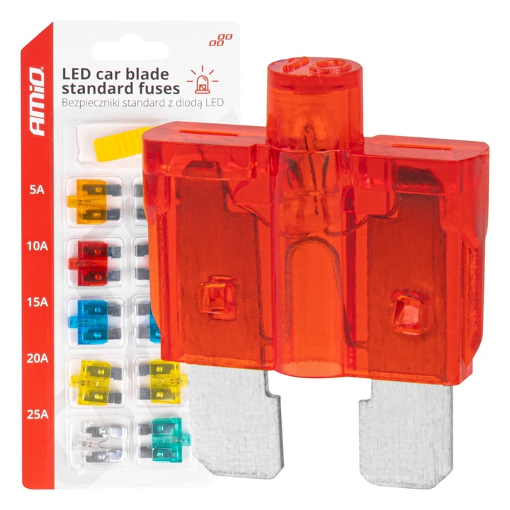 10 db szabványos autós biztosíték készlet LED-del, AMiO, ütésálló, magas hőmérsékletnek ellenálló, többszínű