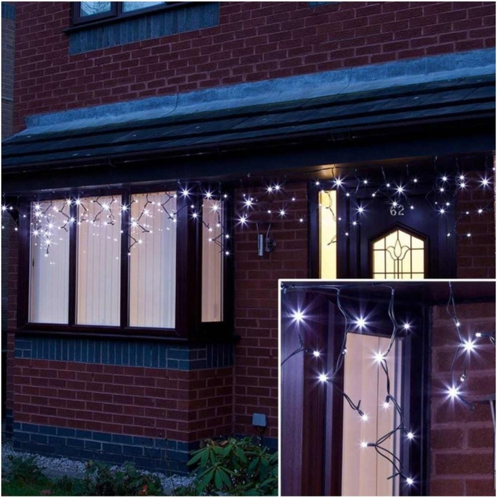 Sectiune Instalatie de Craciun, Flippy®, Tip Turturi, 5 m, 120 LED-uri, cu Flash, Fir Negru, Lumina Alb Rece, IP65, Interconectabila