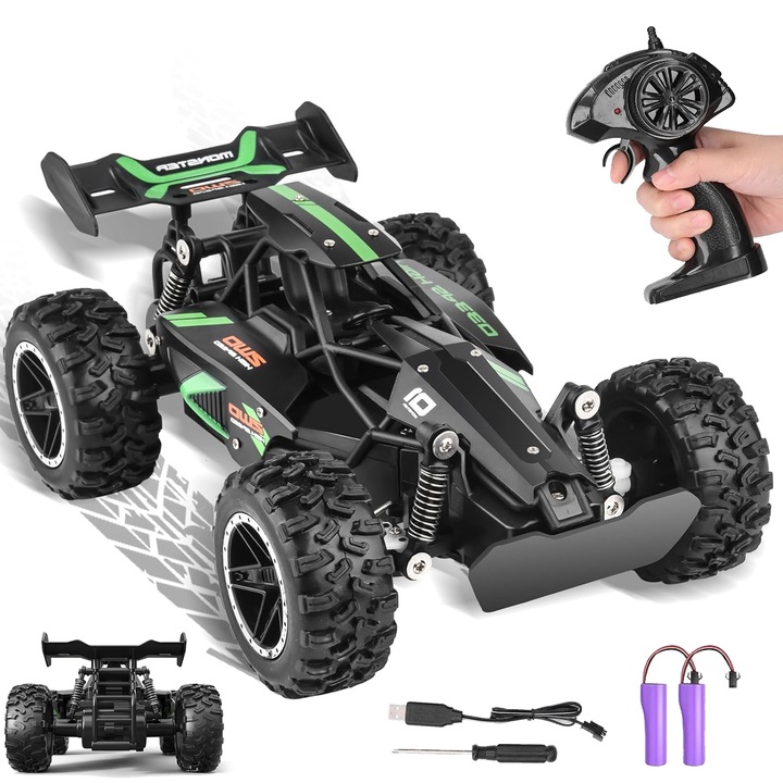 Masinuta cu telecomanda, Ydene, RC Masina de jucarie Off-Road si On-Road, 2.4GHz, 1:18, 20 km/h, Verde/Negru, 9x15x23cm