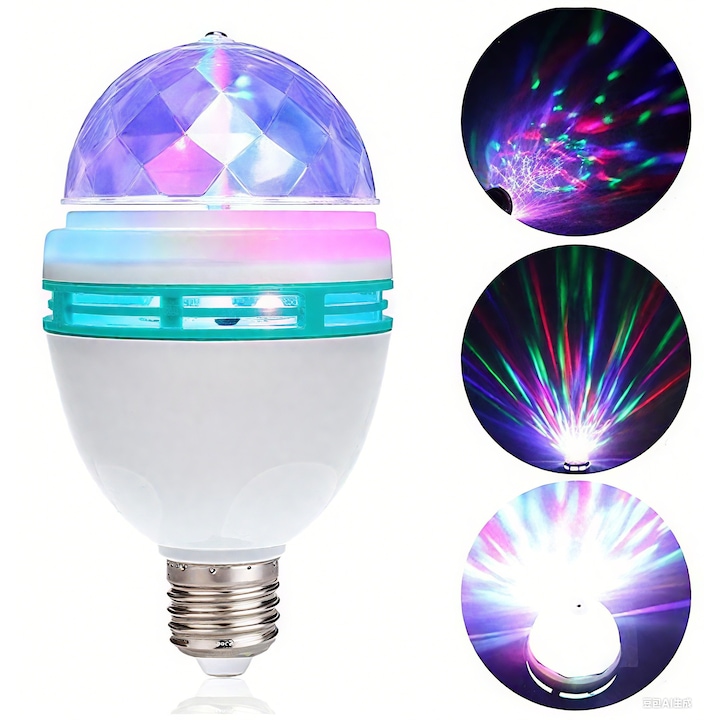 Bec rotativ LED RGB, E27, 3W, efect stroboscop, multicolor, pentru petreceri interioare