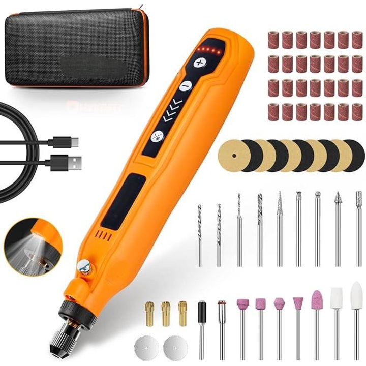 Set scule multifunctionale, 61 accesorii, unelte electrice pentru gravare, slefuire, lustruire, taiere, 3.7V, incarcare Type-C