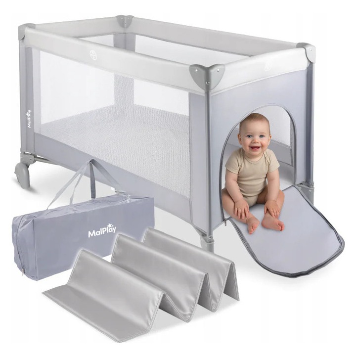 Összecsukható utazóágy gyerekeknek matraccal és táskával, szürke, MalPlay 113163
