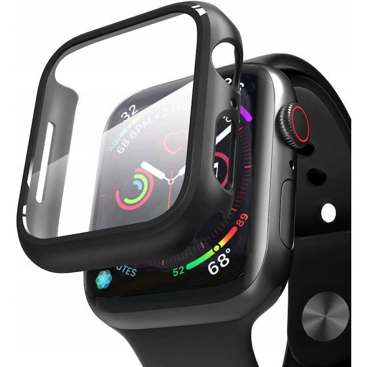 OEM Apple Watch 1/2/3 okosórához való tok és edzett üveg, 38 mm, vízálló, fekete