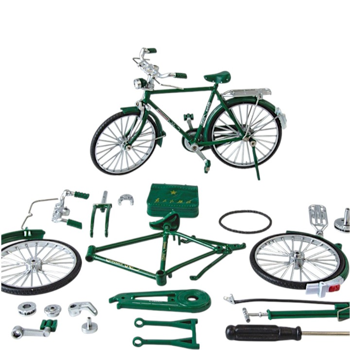 Puzzle 3D Metalic Bicicleta Vintage, Kit Asamblare cu Surubelnita, Model Miniatura Retro din Aliaj, Simulare Realista 1:10, Jucarie de Constructie pentru Adolescenti si Adulti, Ornament Decorativ Birou sau Raft, Culoare Verde