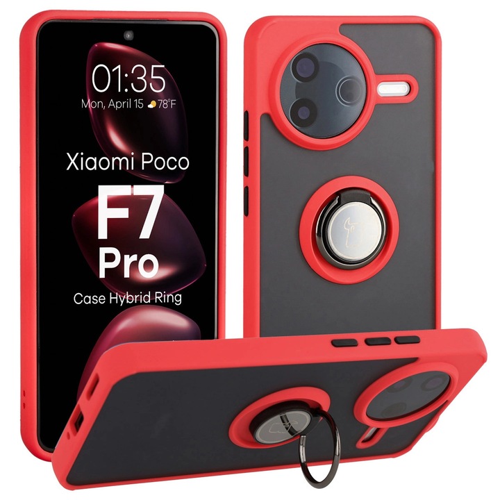 Калъф, Bizon Case Hybrid Ring за Xiaomi POCO F7 Pro, Оцветена С Червена Рамка