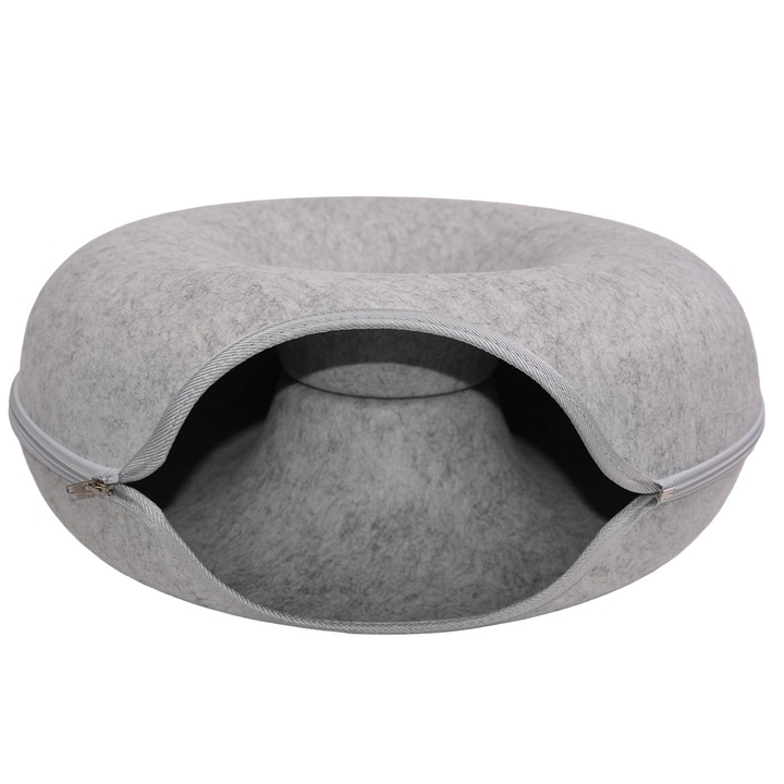 Culcus tip tunel pentru pisici, rotund, fetru detasabil, 51x20 cm, Gri