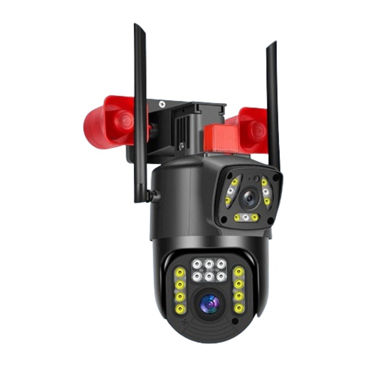 Kettős wifi kamera 8MP-es érzékelőkkel + 64 GB-os kártyával, 4K, PTZ, emberérzékelés, vízálló, IR+színes, wifi és vezetékes kapcsolat, riasztó, színes éjjellátó