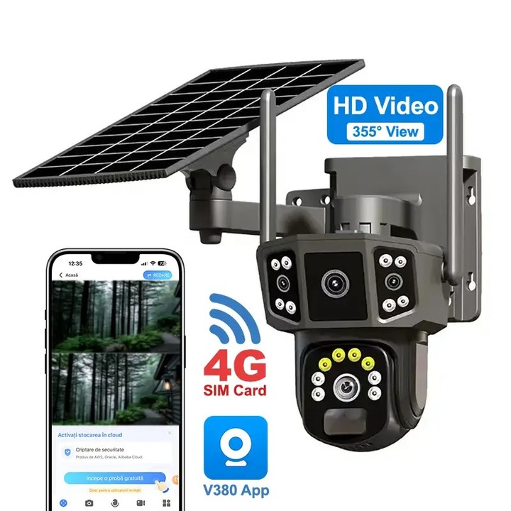 Camera de supraveghere 4G cu Vedere Tripla si Panou Solar PNF, Cartela SIM 4G, Panou Solar Monocristalin, acumulatori 9800mAh, FHD, Night Vision Color, Portabila, Rotire Automata, Intelligent Tracking, Micro SD, Negru